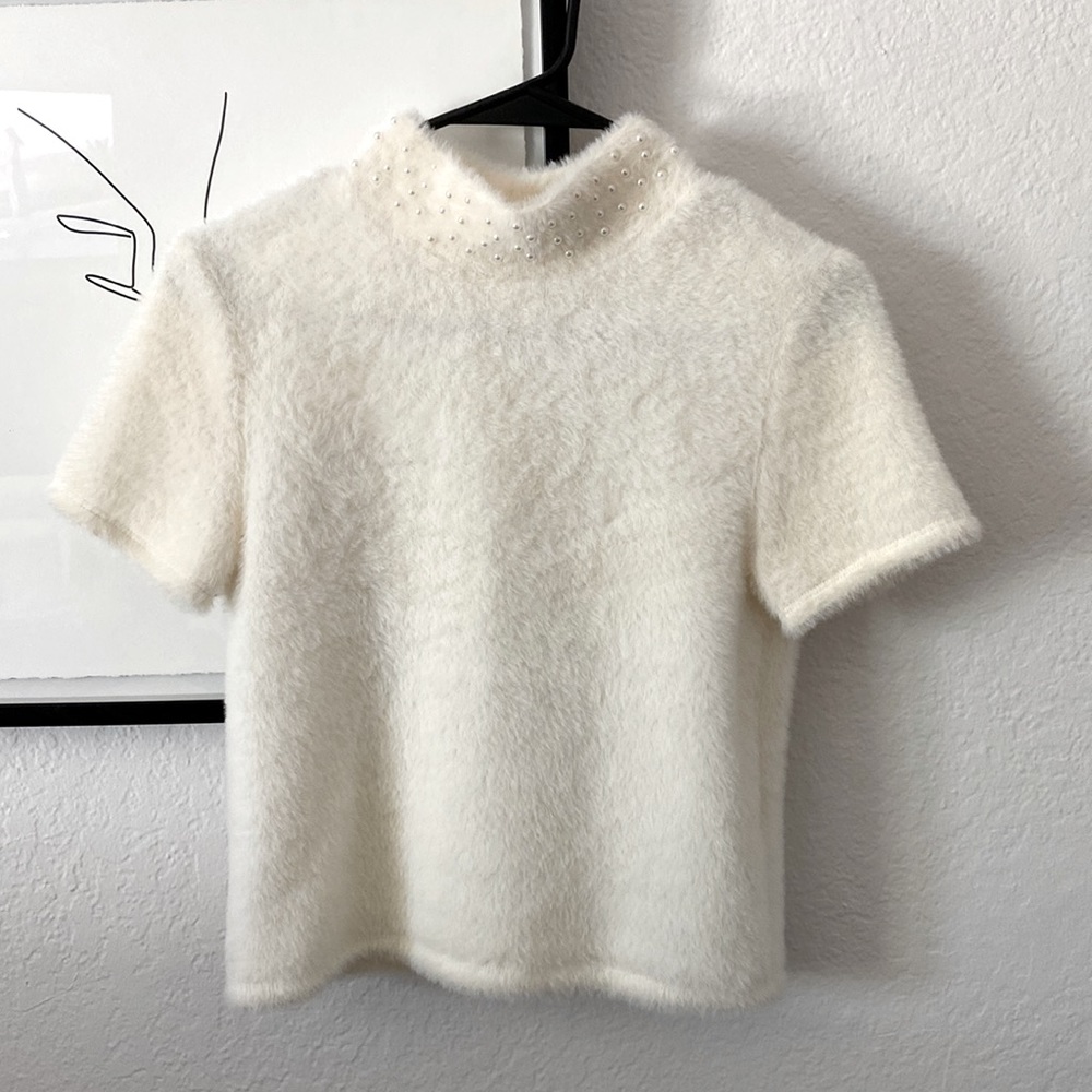 Zara M fuzzy white sweater w/ pearl embellishments on mock turtleneck